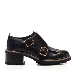 CHLOE black leather BROGUE FRANNE MONK STRAP Loafers